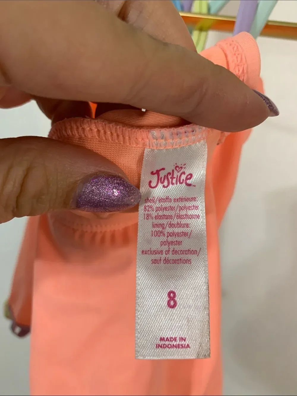 Coral Pink Girls' Two-Piece Swim Set with Rainbow Trim- girls 8